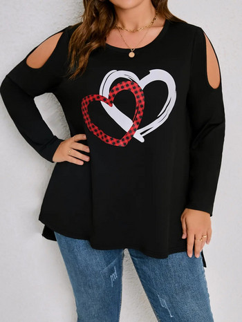 Γυναικείο μπλουζάκι Finjani Plus Size Gingham Heart Print Μακρυμάνικο μπλουζάκι με λαιμόκοψη Casual για το φθινόπωρο Νέο