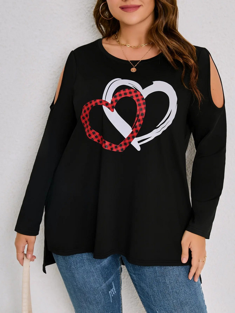 „Finjani“ didelio dydžio moteriški marškinėliai „Gingham Heart Print“ ilgomis rankovėmis „O-neck Tee“ laisvalaikio drabužiai rudeniui, nauji