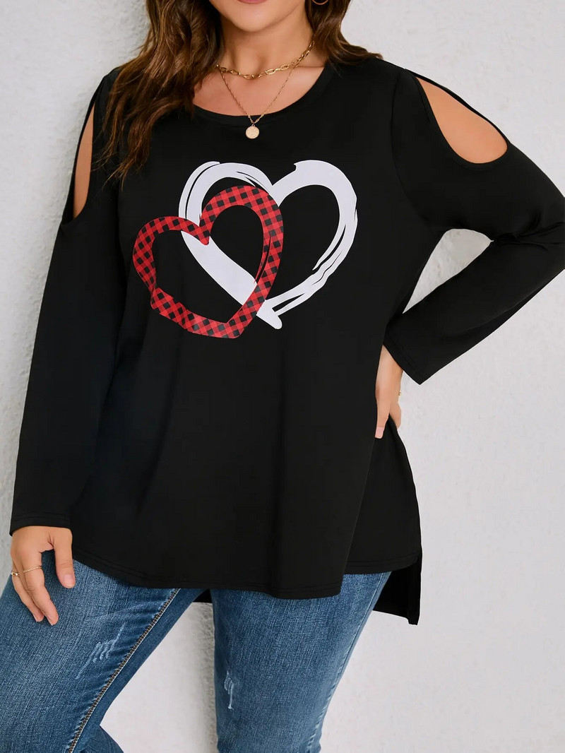 „Finjani“ didelio dydžio moteriški marškinėliai „Gingham Heart Print“ ilgomis rankovėmis „O-neck Tee“ laisvalaikio drabužiai rudeniui, nauji