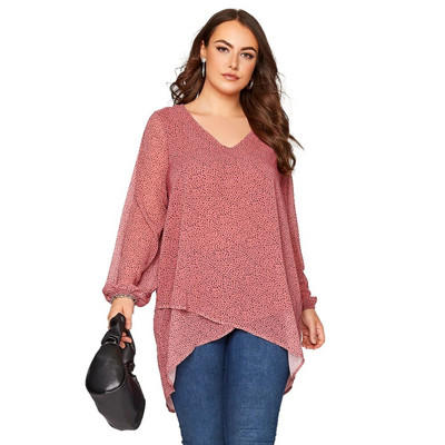 Didelio dydžio ilgomis rankovėmis pavasario rudens elegantiška „Hi Low Wrap“ palaidinė moteriška V formos iškirptė, rožinė taškinė spauda tunika Viršutinė didelio dydžio laisva palaidinė 6XL