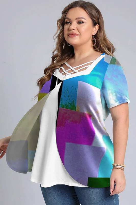 Naiste suures suuruses T-särk Risti rihmaga lühikeste varrukatega Colorblock Print Patchwork Casual Square Collar Office Lady Summer T-särk