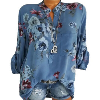 5XL Есенни дамски шифонени блузи Ежедневни щампи на цветя с дълги ръкави и щампи с деколте OL Блузи Ризи blusas feminina голям размер