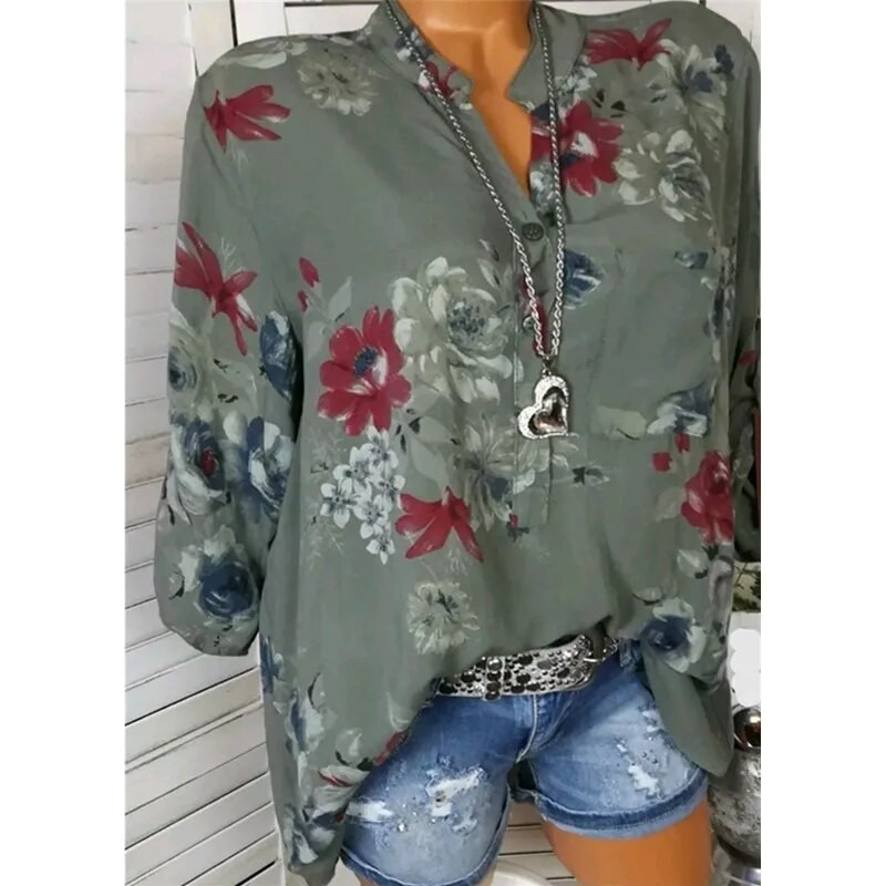 5XL sügisene naiste šifoonist pluusid vabaaja lilleprinteriga pikkade varrukatega kaelusega topid OL pluusid pluusid blusas feminina pluss suurus