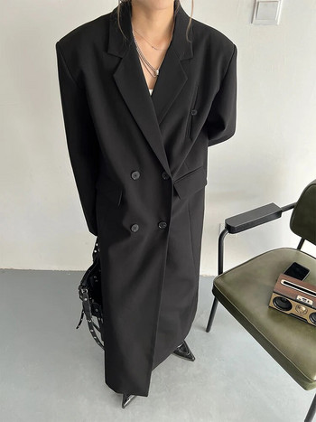 [EAM] Дамски сив панталон с дълги големи размери и елегантен тренч Нова ветровка с ревер и дълъг ръкав Fashion Tide Пролет Есен 2023 г. 1DF8351