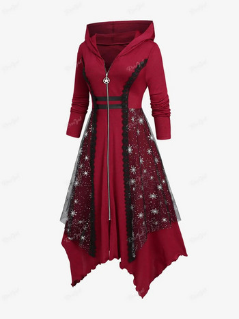 ROSEGAL Plus Size με κουκούλα με κορδόνι με φερμουάρ Γυναικεία καμπαρντίνα Φθινόπωρο Χειμώνας Υψηλό Χαμηλό Maxi ξεπερνά τα μαύρα κόκκινα Longline φούτερ τοπ