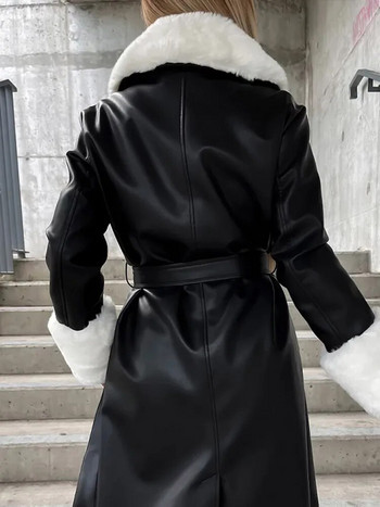 Колан Дамско кожено палто с джоб от изкуствена кожа Ежедневни ревери с дълъг ръкав Винтидж дълга ветровка Дамски есенно-зимни шикозни якета 2023 г.