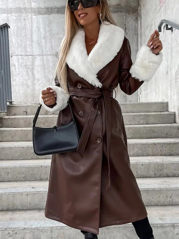 Ζώνη από ψεύτικη γούνα με τσέπη γυναικείο δερμάτινο παλτό casual πέτο μακρυμάνικο Vintage μακρύ αντιανεμικό γυναικείο 2023 Φθινόπωρο, Χειμώνας Chic μπουφάν
