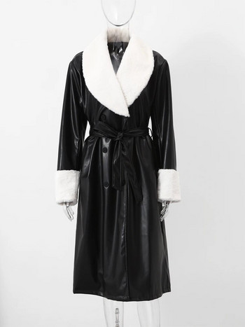 Ζώνη από ψεύτικη γούνα με τσέπη γυναικείο δερμάτινο παλτό casual πέτο μακρυμάνικο Vintage μακρύ αντιανεμικό γυναικείο 2023 Φθινόπωρο, Χειμώνας Chic μπουφάν