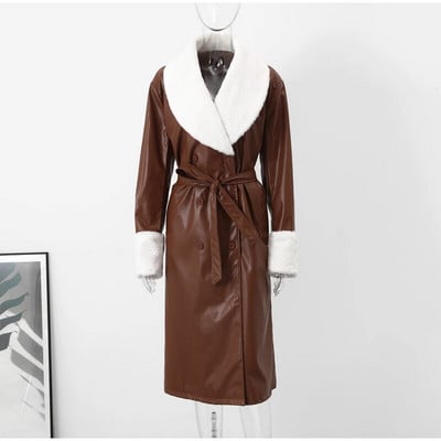 Ζώνη από ψεύτικη γούνα με τσέπη γυναικείο δερμάτινο παλτό casual πέτο μακρυμάνικο Vintage μακρύ αντιανεμικό γυναικείο 2023 Φθινόπωρο, Χειμώνας Chic μπουφάν