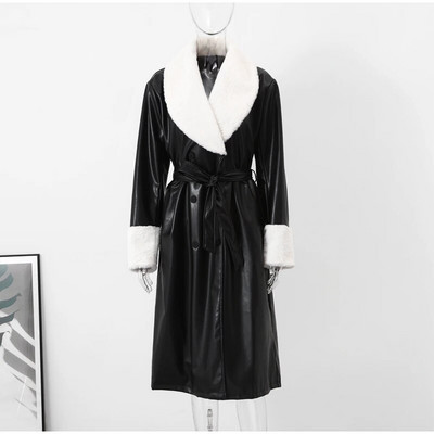 Ζώνη από ψεύτικη γούνα με τσέπη γυναικείο δερμάτινο παλτό casual πέτο μακρυμάνικο Vintage μακρύ αντιανεμικό γυναικείο 2023 Φθινόπωρο, Χειμώνας Chic μπουφάν