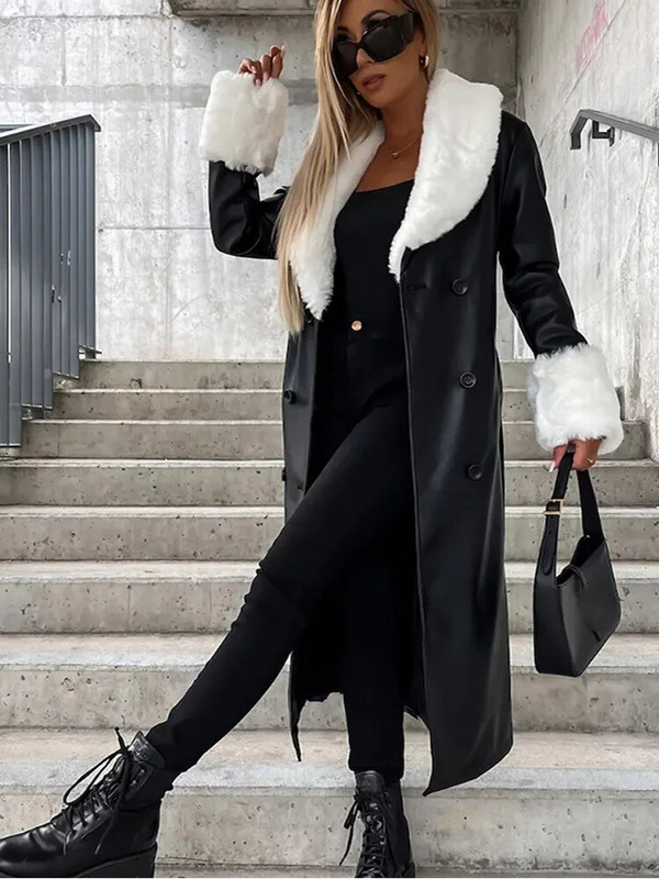 Ζώνη από ψεύτικη γούνα με τσέπη γυναικείο δερμάτινο παλτό casual πέτο μακρυμάνικο Vintage μακρύ αντιανεμικό γυναικείο 2023 Φθινόπωρο, Χειμώνας Chic μπουφάν