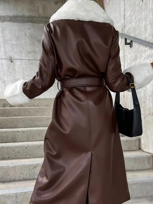 Ζώνη από ψεύτικη γούνα με τσέπη γυναικείο δερμάτινο παλτό casual πέτο μακρυμάνικο Vintage μακρύ αντιανεμικό γυναικείο 2023 Φθινόπωρο, Χειμώνας Chic μπουφάν