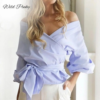WildPinky Ruched Sleeve Sleeve Wrap Бяла блуза Риза Дамска ежедневна блуза с отворени рамене Карирана риза Топ V деколте Женски панделки Blusas