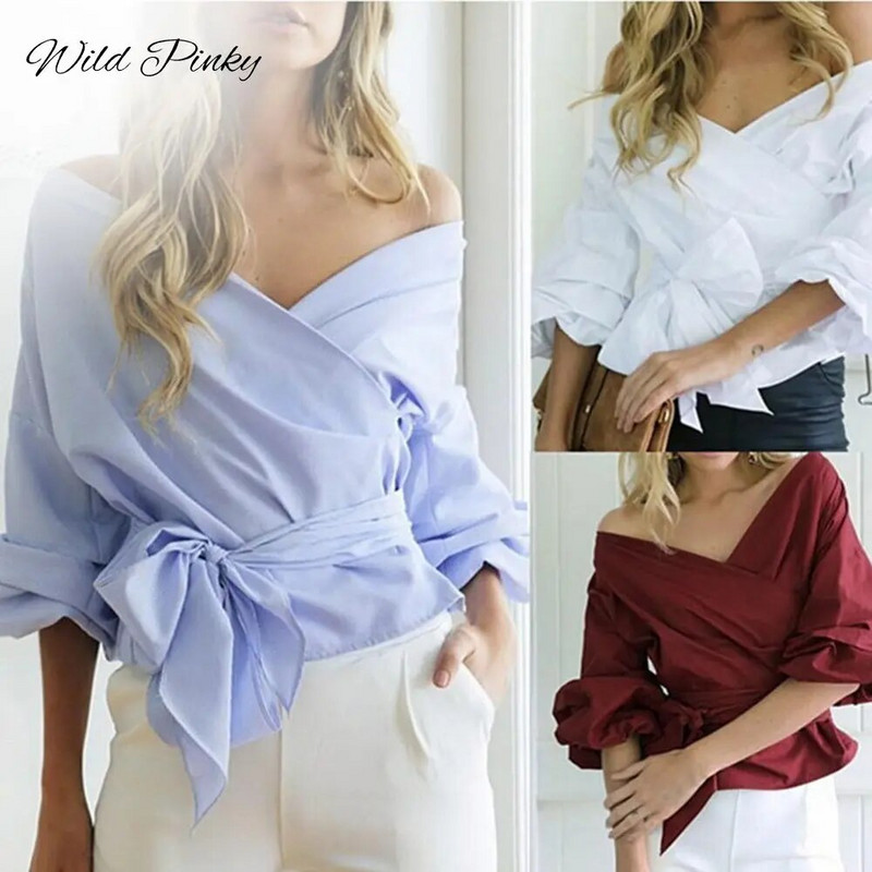 WildPinky Ruched μανίκι Wrap Λευκή μπλούζα μπλούζα Γυναικεία μπλούζα με ανοιχτό καρό πουκάμισο ώμου Top V λαιμόκοψη Γυναικείο φιόγκο Sashes Blusas