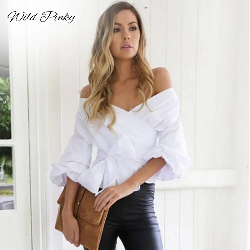 WildPinky Ruched μανίκι Wrap Λευκή μπλούζα μπλούζα Γυναικεία μπλούζα με ανοιχτό καρό πουκάμισο ώμου Top V λαιμόκοψη Γυναικείο φιόγκο Sashes Blusas