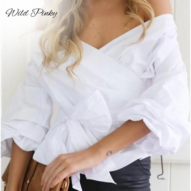 WildPinky Ruched μανίκι Wrap Λευκή μπλούζα μπλούζα Γυναικεία μπλούζα με ανοιχτό καρό πουκάμισο ώμου Top V λαιμόκοψη Γυναικείο φιόγκο Sashes Blusas