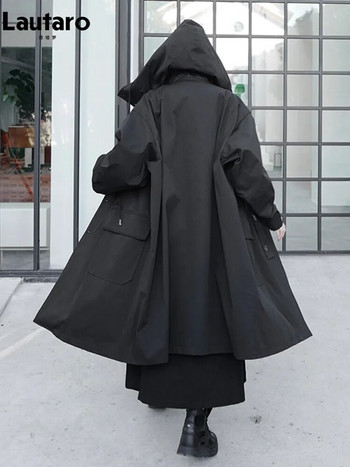 Lautaro Пролет Есен Дълъг голям черен тренчкот с качулка Тъмно Academia Aesthetic Луксозни дизайнерски дрехи за жени 2022 г.
