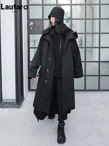 Lautaro Пролет Есен Дълъг голям черен тренчкот с качулка Тъмно Academia Aesthetic Луксозни дизайнерски дрехи за жени 2022 г.