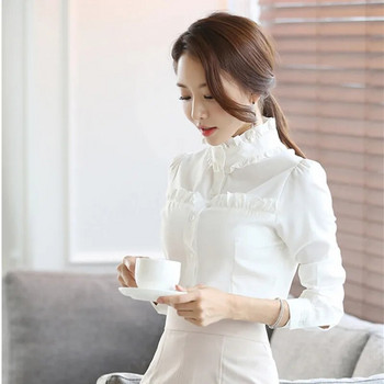 Η νέα ανοιξιάτικη γυναικεία μπλούζα όρθιος γιακάς μακρυμάνικο λευκά πουκάμισα γυναικείο πουκάμισο με λεπτή ξύλινη αυτιά OL επάγγελμα plus size blusas