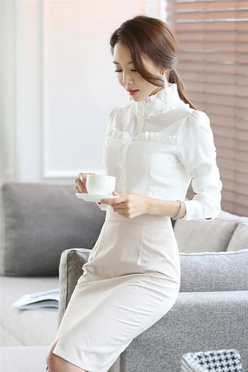 Новата пролетна дамска блуза с яка и дълги ръкави, бели ризи, дамска тънка риза с дървени уши OL професия, големи размери, blusas