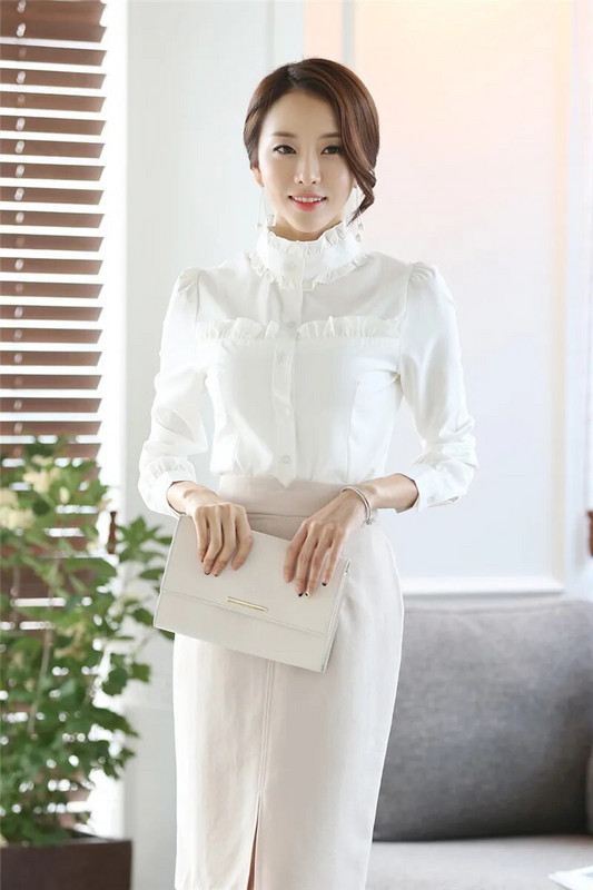 Η νέα ανοιξιάτικη γυναικεία μπλούζα όρθιος γιακάς μακρυμάνικο λευκά πουκάμισα γυναικείο πουκάμισο με λεπτή ξύλινη αυτιά OL επάγγελμα plus size blusas