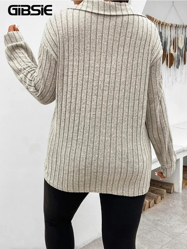GIBSIE Majica velikih veličina za žene Proljeće Jesen Polo ovratnik Majica dugih rukava Ženska ležerna rebrasta pletena jednobojna majica 2023.