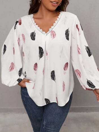 Finjani Plus Size Casual Feather T-Shirts Μπλούζες με λαιμόκοψη V με στολισμό με δαντέλα Γυναικείο μπλουζάκι με φανάρι