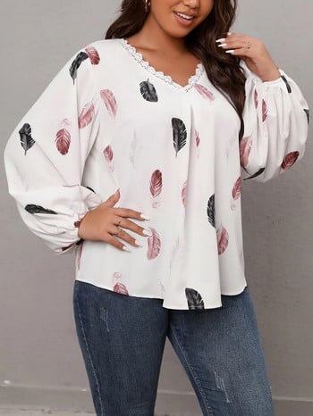 Finjani Plus Size Casual Feather T-Shirts Μπλούζες με λαιμόκοψη V με στολισμό με δαντέλα Γυναικείο μπλουζάκι με φανάρι