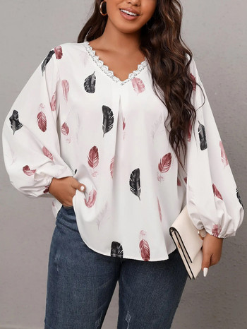 Finjani Plus Size Casual Feather T-Shirts Μπλούζες με λαιμόκοψη V με στολισμό με δαντέλα Γυναικείο μπλουζάκι με φανάρι