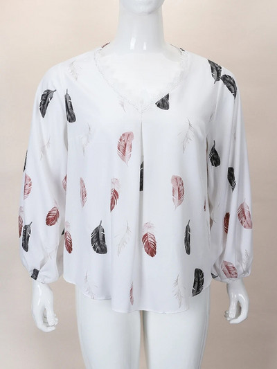 Tricouri Finjani, ocazional, cu imprimeu cu pene, cu decolteu în V, bluze cu dantelă, cu mânecă lanternă, tricou pentru femei