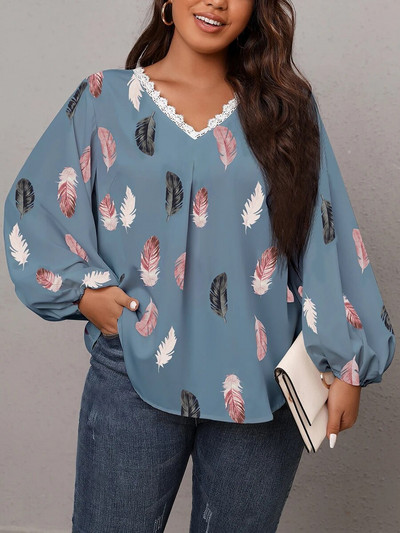 Tricouri Finjani, ocazional, cu imprimeu cu pene, cu decolteu în V, bluze cu dantelă, cu mânecă lanternă, tricou pentru femei