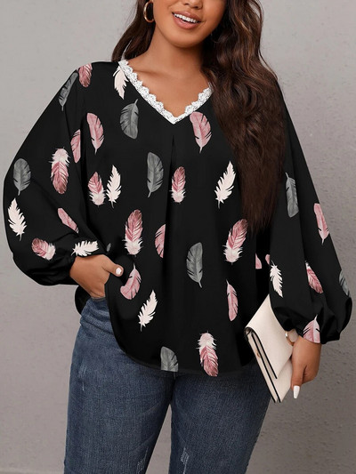 Tricouri Finjani, ocazional, cu imprimeu cu pene, cu decolteu în V, bluze cu dantelă, cu mânecă lanternă, tricou pentru femei