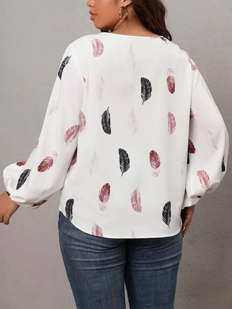 Tricouri Finjani, ocazional, cu imprimeu cu pene, cu decolteu în V, bluze cu dantelă, cu mânecă lanternă, tricou pentru femei