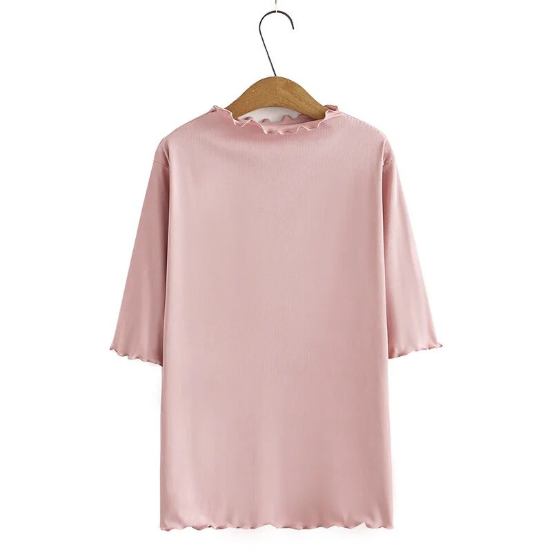 4XL suures suuruses naiste põhi-T-särk 2023. aasta kevadsuvi volangiga krae t-särgid, poolvarrukad, ülaosad, suured kõverad riided