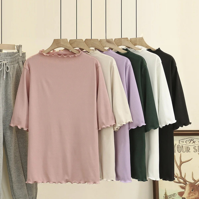 4XL suures suuruses naiste põhi-T-särk 2023. aasta kevadsuvi volangiga krae t-särgid, poolvarrukad, ülaosad, suured kõverad riided