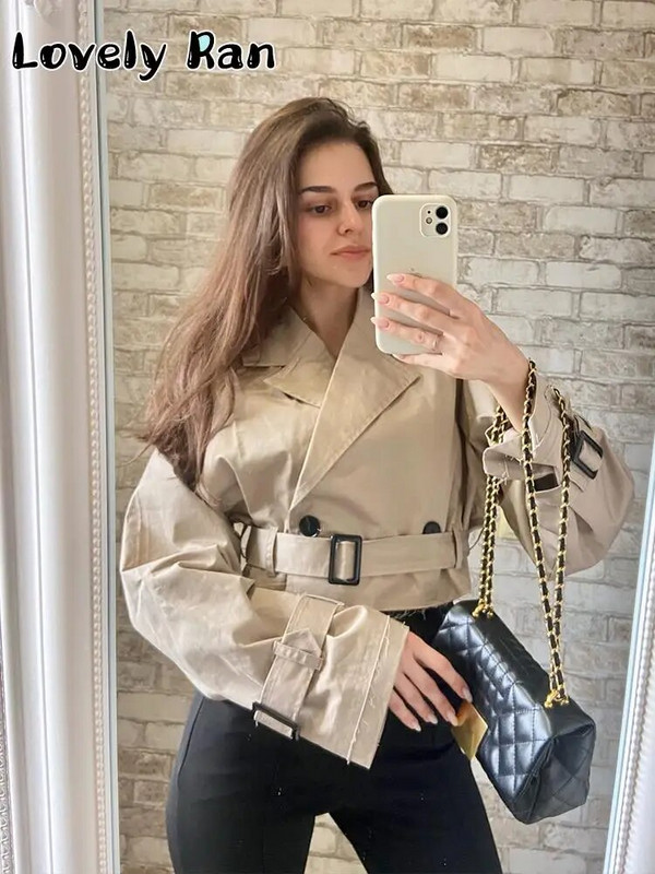 Fashion Y2K Cropped αντιανεμικό μπουφάν Γυναικεία μακρυμάνικα κοντό παλτό με ζώνη Ανοιξιάτικα φθινοπωρινά casual streetwear