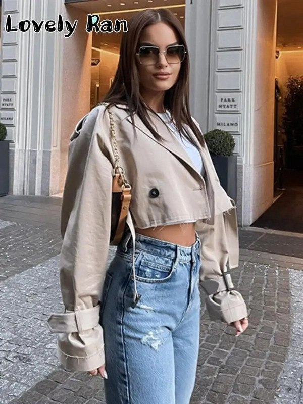 Fashion Y2K Cropped αντιανεμικό μπουφάν Γυναικεία μακρυμάνικα κοντό παλτό με ζώνη Ανοιξιάτικα φθινοπωρινά casual streetwear