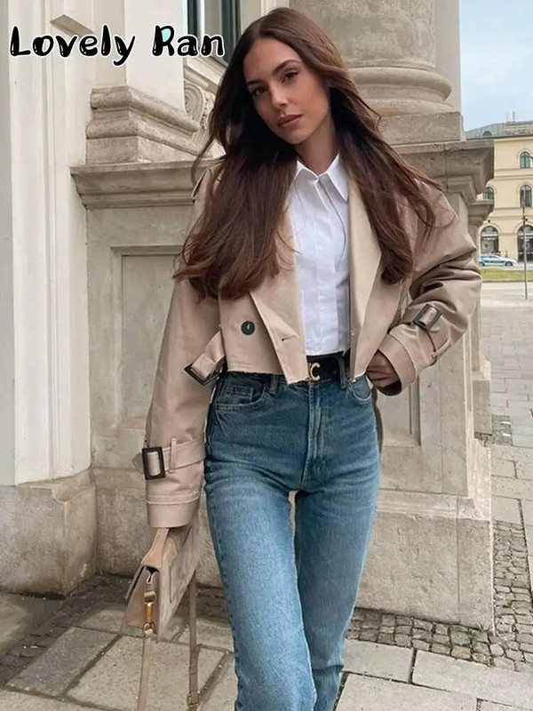 Fashion Y2K Cropped αντιανεμικό μπουφάν Γυναικεία μακρυμάνικα κοντό παλτό με ζώνη Ανοιξιάτικα φθινοπωρινά casual streetwear