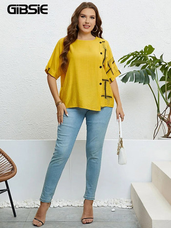 Γυναικείο μπλουζάκι GIBSIE Plus Size Casual Print Μπροστινό μπλουζάκι 2023 Νέο καλοκαιρινό κορεάτικο μπλουζάκι με μισό μανίκι Γυναικεία μπλουζάκια με λαιμόκοψη