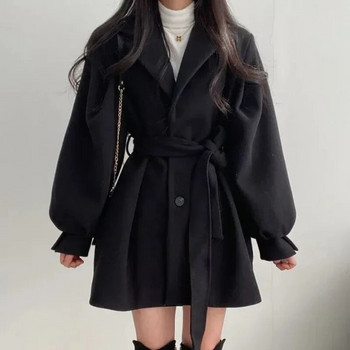 Есенно-зимно дамско дебело вълнено зимно палто Дамско връхно облекло със средна дължина, вталена яка и лента за кръста Дамски ежедневни дрехи
