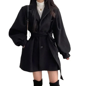 Есенно-зимно дамско дебело вълнено зимно палто Дамско връхно облекло със средна дължина, вталена яка и лента за кръста Дамски ежедневни дрехи