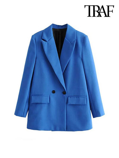 TRAF Femei Chic Office Lady Blazer dublu piept haina vintage la modă guler crestat cu mânecă lungă damă îmbrăcăminte exterioară Topuri elegante