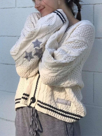 Deeptown Y2K Винтидж бърза плетена жилетка Дамска есенна пуловер с бродерия на звезди Preppy Oversized Горнище с дълъг ръкав Streetwear