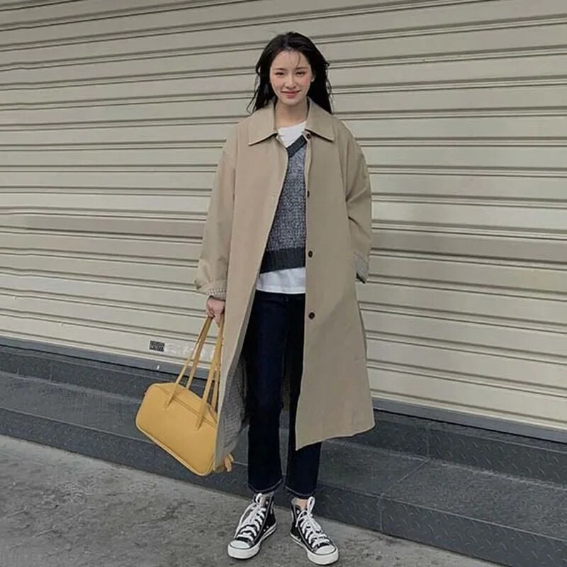 Φθινοπωρινό γυναικείο χακί Trench Αγγλία Κομψό μονό στήθος μακρύ παλτό Ζώνη λεπτή γυριστή γιακά αντιανεμική γυναίκα