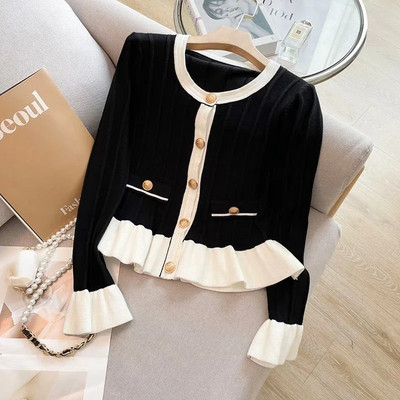 Sweet Cardigan Naiste riided O-kaelusega sleeve tuunika Sueter Mujer volangid Vintage kootud kampsun mantel Korea Pull Femme