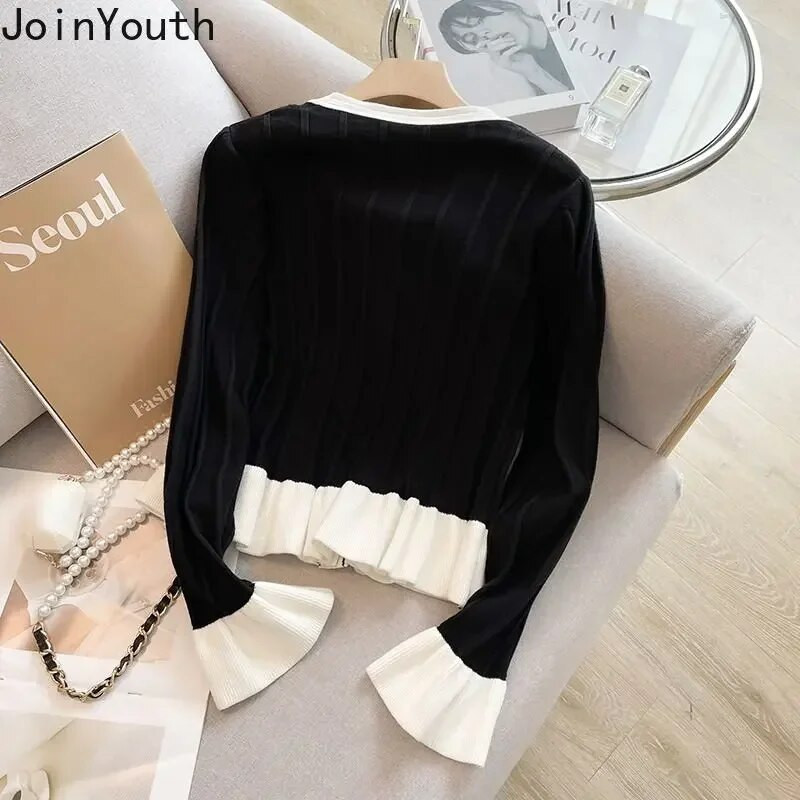 Sweet Cardigan Naiste riided O-kaelusega sleeve tuunika Sueter Mujer volangid Vintage kootud kampsun mantel Korea Pull Femme