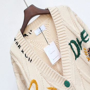 2022 Пролетен дамски пуловер Топъл плетен пуловер Яке Свободни джобове Бродерия Модна плетена жилетка Яке Дамско яке