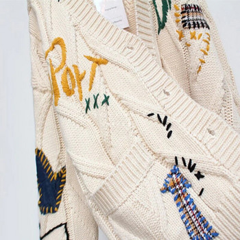 Άνοιξη 2022 Γυναικείο πουλόβερ Ζεστό πλεκτό πουλόβερ Μπουφάν με χαλαρή τσέπη Κέντημα μόδας πλεκτό Ζακέτα Γυναικείο μπουφάν