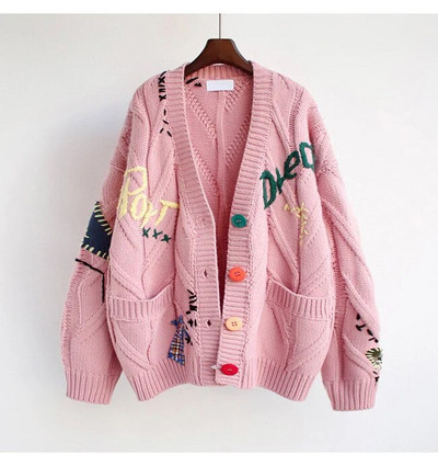 Άνοιξη 2022 Γυναικείο πουλόβερ Ζεστό πλεκτό πουλόβερ Μπουφάν με χαλαρή τσέπη Κέντημα μόδας πλεκτό Ζακέτα Γυναικείο μπουφάν