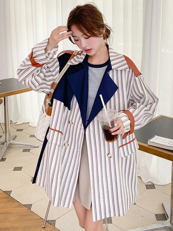 [EWQ] Chic Streak Windbreake Long Sleeve Patchwork Color Contrast Дамско облекло Голям размер Тренчкот 2023 Есенни връхни дрехи 6O051